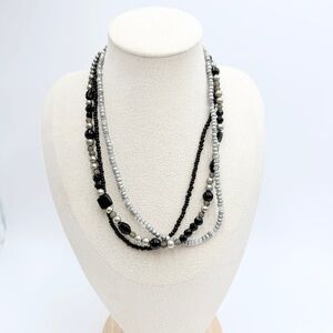Vintage Premier Designs Multi-Strand Black & Silver Beaded Necklace